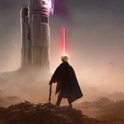 Prompt: Donald Trump as a jedi hero, capitol hill, post-apocalyptic, cinematic, atmospheric, highly detailed, artstation, wlop, stålenhag, Emanuel Leutze, Carl Wahlbom