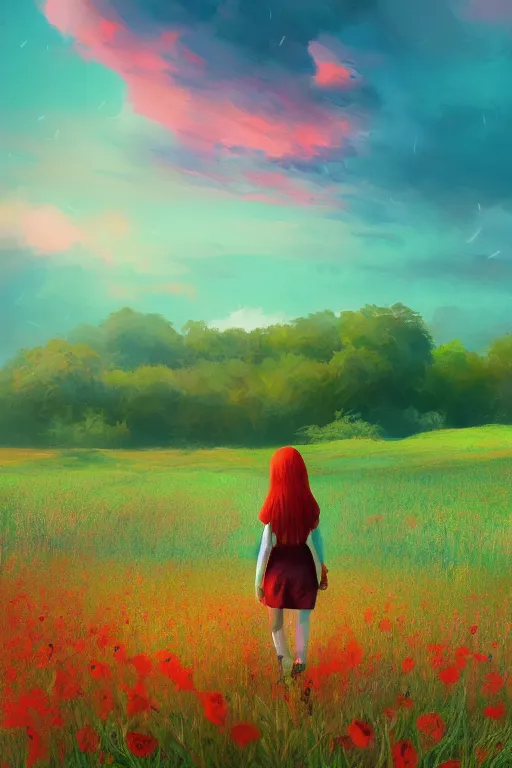 Prompt: red haired girl walking in a flower field, surreal photography, sunrise, dramatic light, impressionist painting, colorful clouds, digital painting, artstation, simon stalenhag