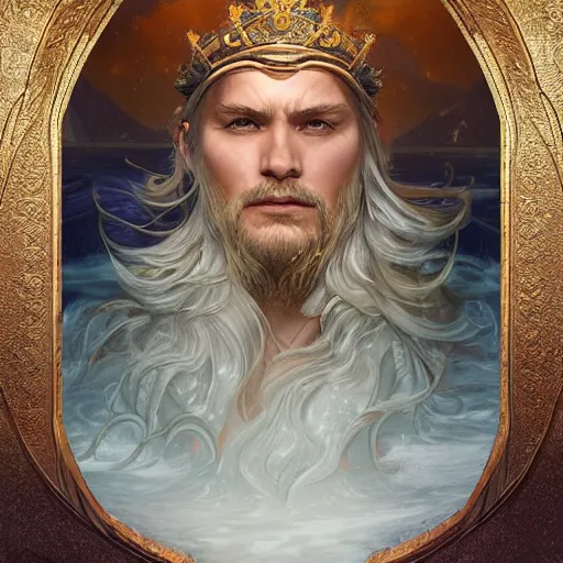 Image similar to Ulmo, king of the sea, in front of the palace Ulmonon at the bottom of Vaiya, portrait, highly detailed, digital painting, artstation, concept art, sharp focus, illustration, art by artgerm and greg rutkowski and alphonse mucha