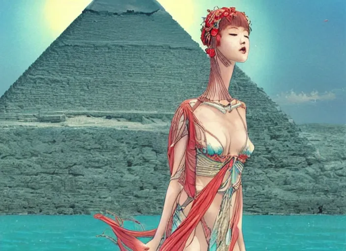 Image similar to lee jin - eun in luxurious dress emerging from turquoise water in egyptian pyramid city during an eclipse by takato yamamoto, nicola samuri, conrad roset, m. k. kaluta, martine johanna, rule of thirds, elegant look, beautiful, chic, face anatomy, cute complexion