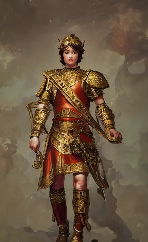 Image similar to full body portrait of an ancient roman character in incredible rich ornate armor, by ilya kuvshinov, by thomas lawrence, by bayard wu, trending on artstation, masterpiece