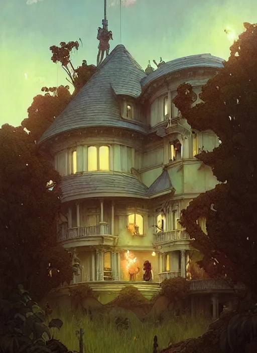 Image similar to a hyper realistic house on a hill distant explosions, gorgeous lighting, lush foliage, painting by chiara bautista and tom bagshaw, mucha, beksinski and norman rockwell and greg rutkowski weta studio, and lucasfilm