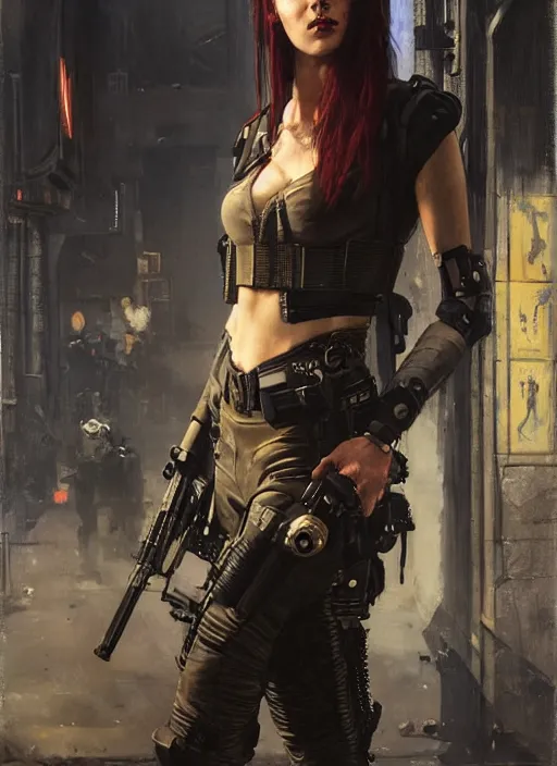 Prompt: 💃🏻. cyberpunk mercenary in a military vest ( blade runner 2 0 4 9, cyberpunk 2 0 7 7 ). orientalist portrait by john william waterhouse and james gurney and theodore ralli and nasreddine dinet, oil on canvas. cinematic, hyper realism, realistic proportions, dramatic lighting, high detail 4 k