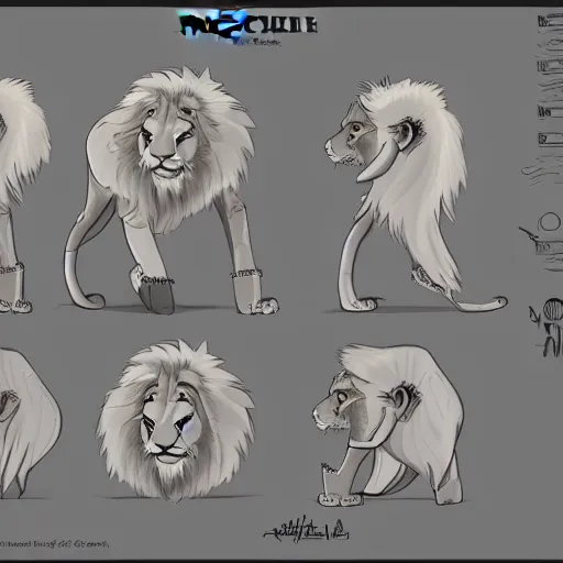 Image similar to lion character sheet, concept art, 2 d, digital