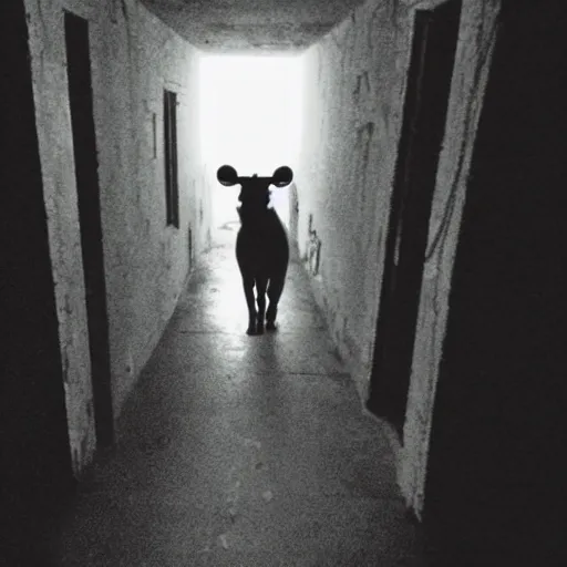 Image similar to hi - 8 night vision camera found - footage of a barely visible, bipedal minotaur with shrouded in darkness at the end of an extremely dark hallway in a basement of an abandoned house