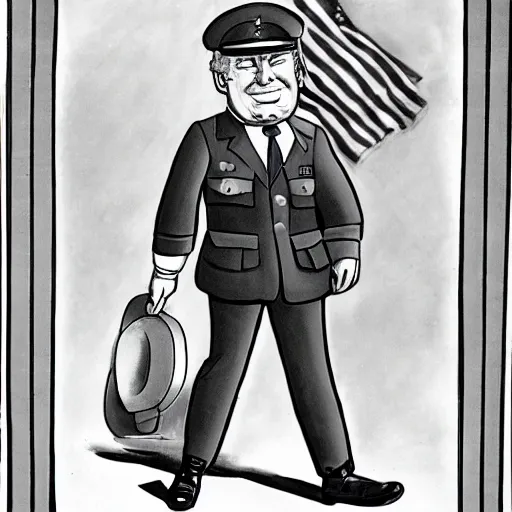 Image similar to donald trump as military school cadet by charles addams, black and white,