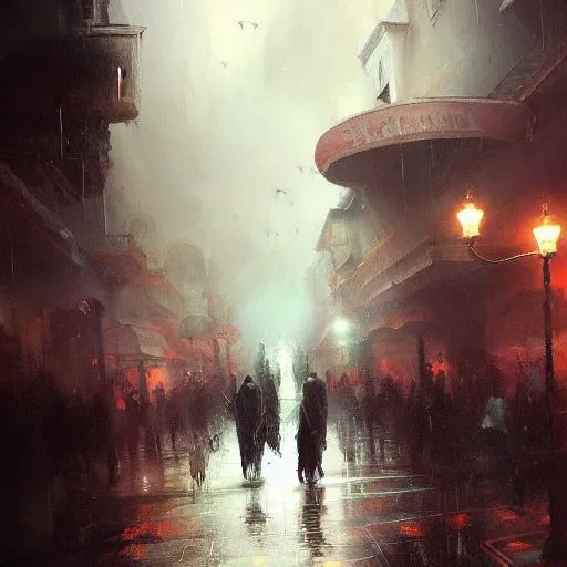 Image similar to thunderstorm in marrakech city, dramatic lighting, lovecraftian, painted by raymond swanland, painted by greg rutkowski, painted by jeremy mann, painted by artgerm, painted by igor kieryluk, trending on artstation