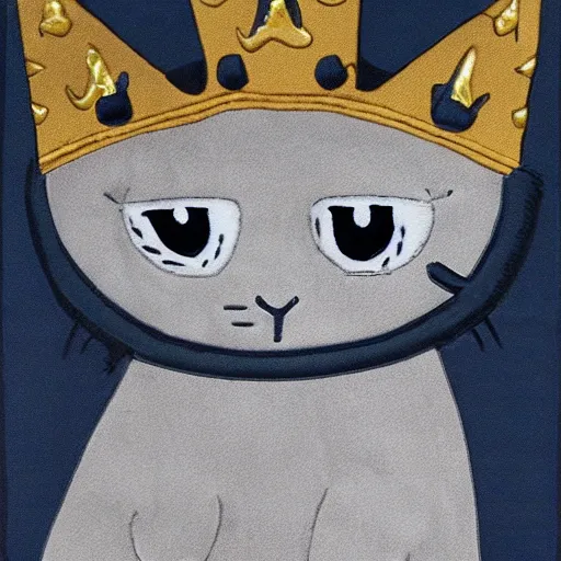 Image similar to gray anthropomorphic, cat female with a whit and chest, wearing a golden crown, big blue eyes, plushy