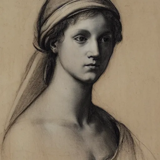 Image similar to portrait drawing of a woman, beautiful, by andrea del sarto, renaissance, harmonius, elegant, shoulder - length, chalk