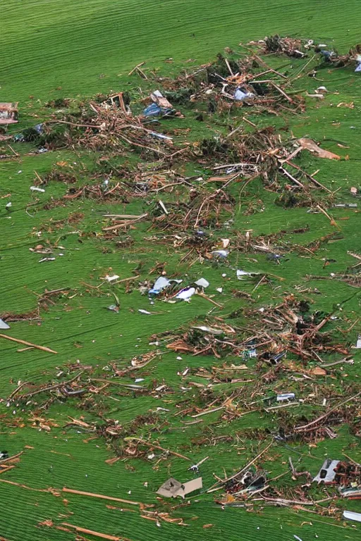 Prompt: Tornado rips through farmland, trending on artstation, birds eye view