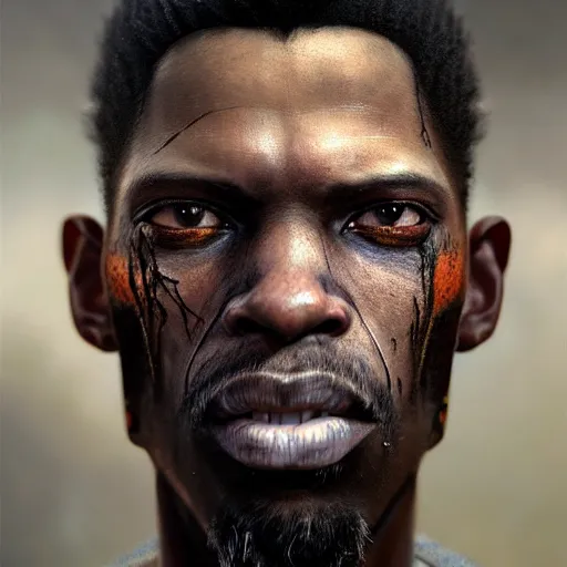 Prompt: portrait painting of a scarred african american man with cropped hair wearing a tattered and feathered coat, ultra realistic, concept art, intricate details, eerie, highly detailed, photorealistic, octane render, 8 k, unreal engine. art by artgerm and greg rutkowski and charlie bowater and magali villeneuve and alphonse mucha