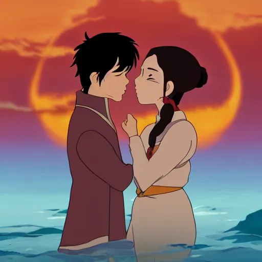 Prompt: Prince Zuko and Katara kissing at sunset in the style of Studio Ghibli