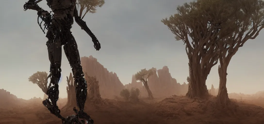 Image similar to hyperrealistic beautiful cinematic cyborg time traveler, desert, pine forest, stunning 3 d render inspired by istvan sandorfi & greg rutkowski, perfect symmetry, dim volumetric cinematic lighting, 8 k octane comprehensive render, extremely mega hyper - detailed and lifelike attributes & atmosphere, intricate, realistic flesh texture, masterpiece, artstation, stunning,