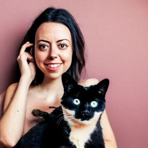 Prompt: a girl that slightly looks like aubrey plaza, with long dark hair holding a cat in her arms, a stock photo by juan villafuerte, pexels contest winner, high quality photo, rtx, hd, shiny eyes, rasquache