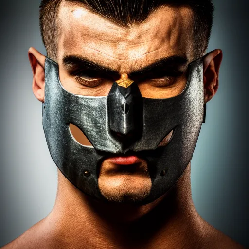 Image similar to portrait of a male warrior with half face-half mask ,fantasy, D&D, HDR, natural light, dynamic pose, award winning photograph, 8k, Mucha style,