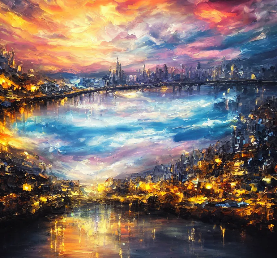 Image similar to sunny day river landscape light city in cloudy sky, acrilic paint, brush paint, heavenly atmosphere, paint, ultra detailed, beautiful image, resolution, artstation