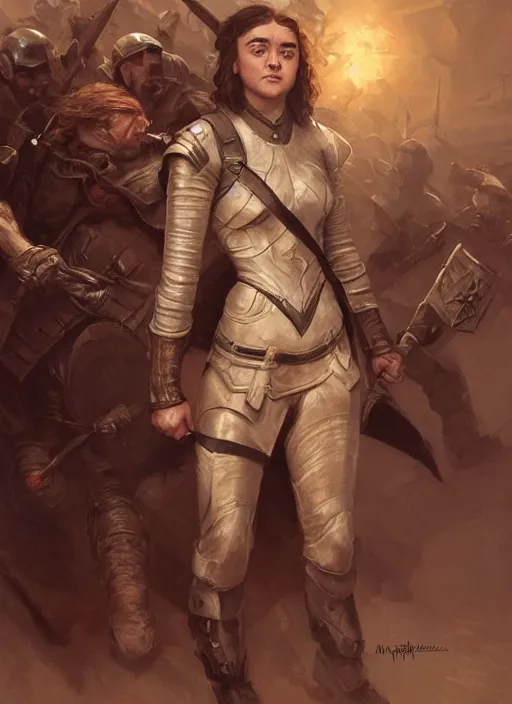 Image similar to angry Maisie Williams leading the charge as a ruggedly muscled handsome heroine, intricate, elegant, highly detailed, centered, digital painting, artstation, concept art, smooth, sharp focus, illustration, artgerm, donato giancola, Joseph Christian Leyendecker, WLOP, Artgerm