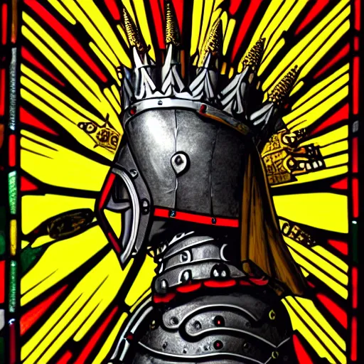 Prompt: detailed side - view portrait of a knight, kaldor helmet, cranium - shaped visor, royal crown with big spikes, plate armor, gothic stained glass window, shiny red background, very masterful, backlit