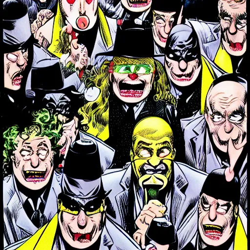 Prompt: drawing of 1 4 tiny jokers crawling out the mouth of gotham city's finest investigative reporter, 4 k art by brian bolland, graphic novel art