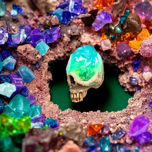 Image similar to photorealistic tiny dinosaur skeleton inside a geode of colored crystals