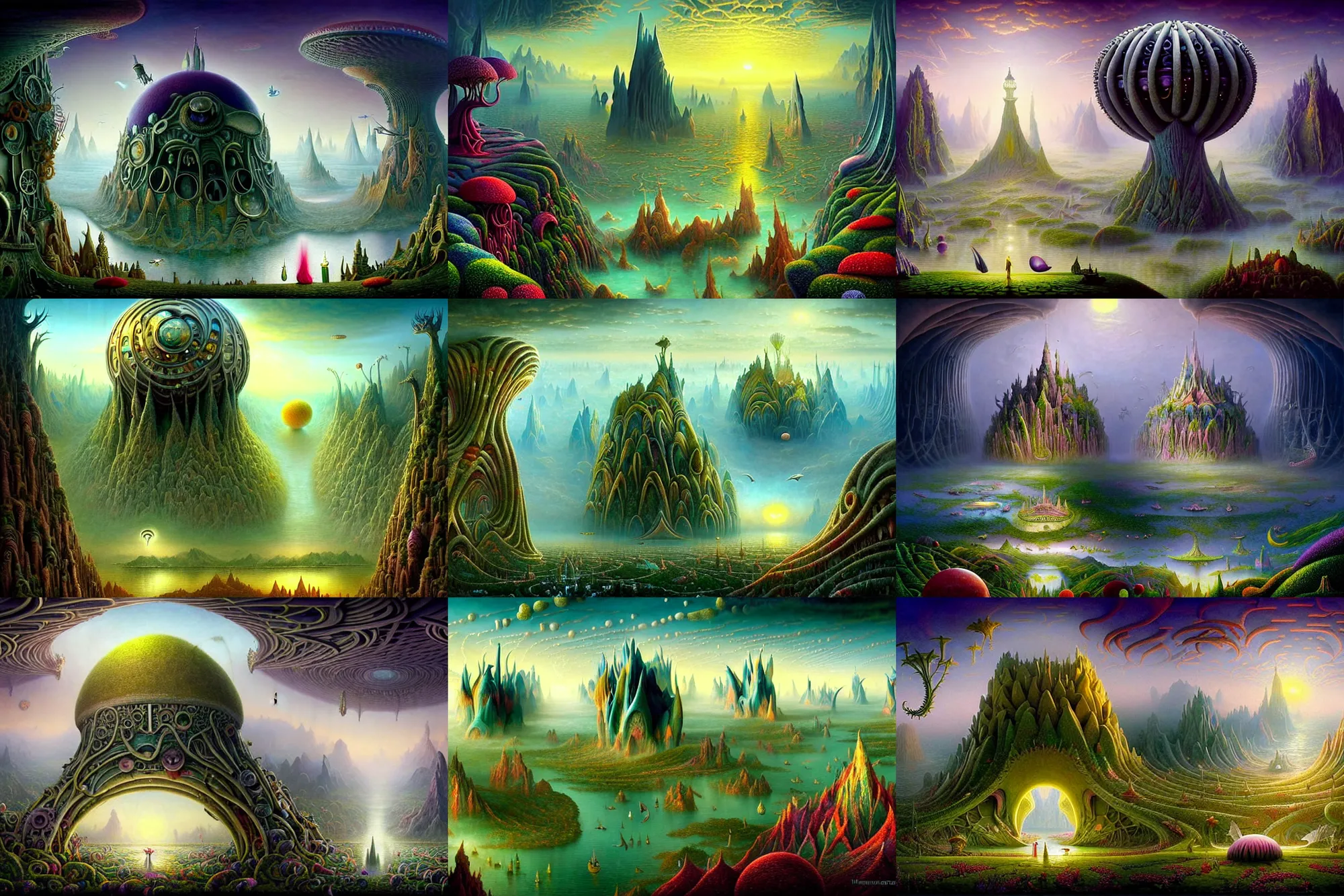 Prompt: a beautiful epic stunning amazing and insanely detailed matte painting of alien dream worlds with surreal architecture designed by Heironymous Bosch, mega structures inspired by Heironymous Bosch's Garden of Earthly Delights, vast surreal landscape and horizon by Andrew Ferez and Thomas Kinkade and Cyril Rolando, masterpiece!!, grand!, imaginative!!!, whimsical!!, epic scale, intricate details, sense of awe, elite, wonder, insanely complex, masterful composition, sharp focus, fantasy realism, dramatic lighting, hyperrealistic