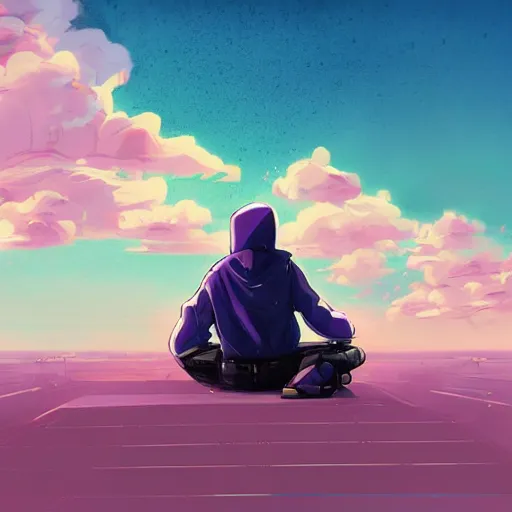 Prompt: android mechanical cyborg anime guy overlooking overcrowded urban dystopia sitting. Pastel pink clouds baby blue sky. Gigantic future city. Raining. Makoto Shinkai. Wide angle. Distant shot. Purple sunset. Sunset ocean reflection. Pink hair. Pink and white hoodie. Cyberpunk. featured on artstation. robotic wired knee. Wearing a sweater.-S 1216826879