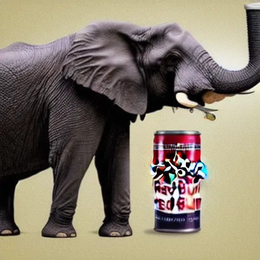 Prompt: a photo of a giant can of red bull with an elephant trying to drink it