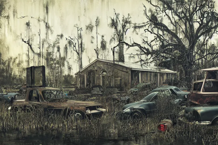 Image similar to scene from louisiana swamps, graveyard, portrait, canibal cult, old protestant church with neon satanic pentagram, junkyard by the road, boy scout troop, voodoo artwork by tim eitel