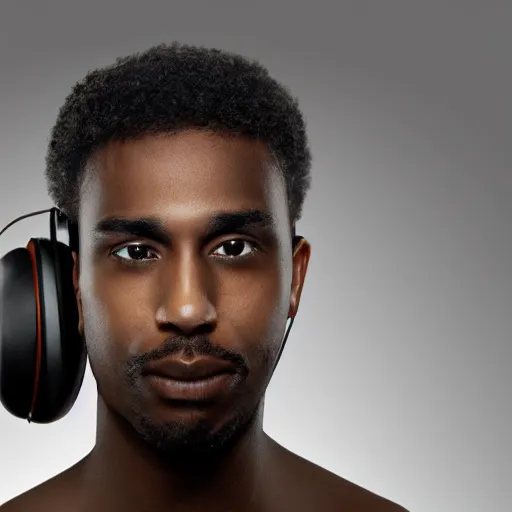 Prompt: black man at 20s with short hair, thin mustache, thin face, wearing headphones, with his eyes glowing, futuristic, photorealistic portrait painting