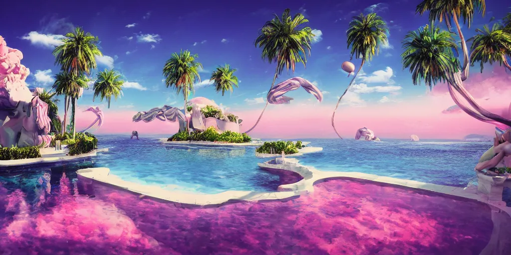 Image similar to artgem masterpiece, hyperrealistic surrealism, award winning masterpiece with incredible details, epic stunning, infinity pool, a surreal vaporwave liminal space, highly detailed, trending on ArtStation, calming, meditative, pink arches, flowing silk sheets, palm trees, very vaporwave, very very surreal, sharp details, dreamscape