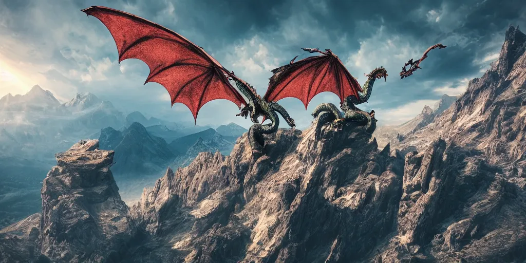 Prompt: One dragon with half open wings on the top of a mountain, epic composition, detailed and intricate image, cinematic, 4K