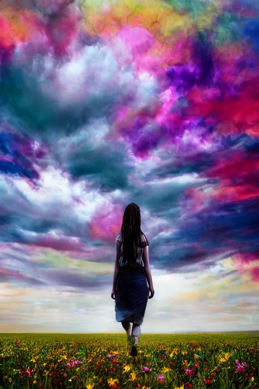 Image similar to giant corn flower head, girl walking in a decaying walter white themed flower field, surreal photography, dead body, dramatic light, impressionist painting, colorful clouds, digital painting, walter white, uncanny valley