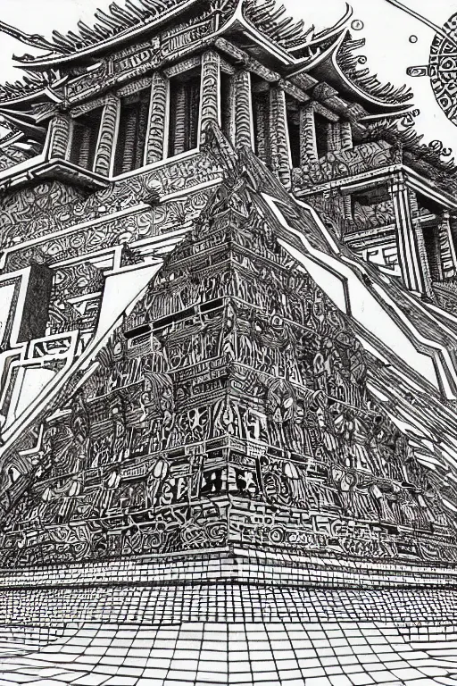 Image similar to a black and white drawing of an ancient temple, a detailed mixed media collage by hiroki tsukuda and eduardo paolozzi and moebius, intricate linework, sketchbook psychedelic doodle comic drawing, geometric, street art, polycount, deconstructivism, matte drawing, academic art, constructivism