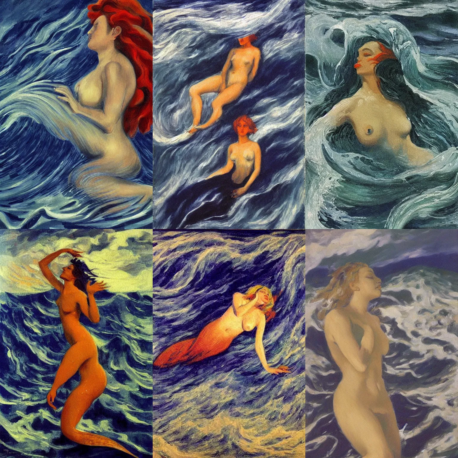 Image similar to painting of a mermaid in a storm, by Giacomo Balla