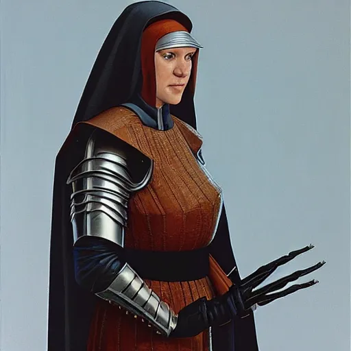 Image similar to a nun wearing a medieval armor. intricate detail armor. nun clothes. art by ralph mcquarrie, ralph mcquarrie artwork. portrait.