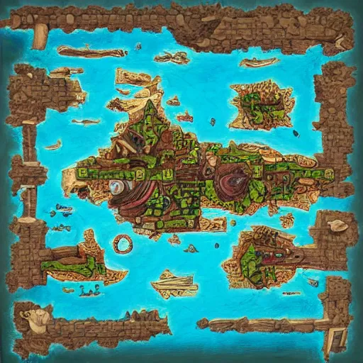 Prompt: fantasy pirate map top down view