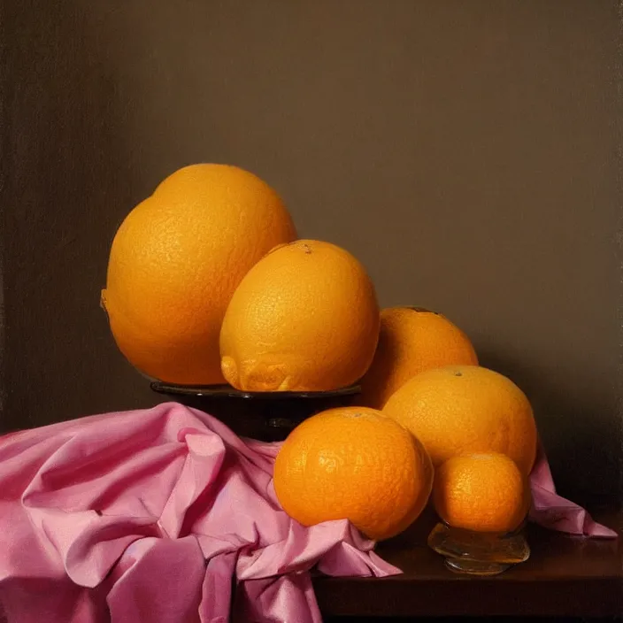 Prompt: still life painting of a melting pink glass mannequin head, peeled oranges, by pieter claesz, oil on canvas, strong lighting, highly detailed, hyper realism, golden hour, god rays, hd, 4 k