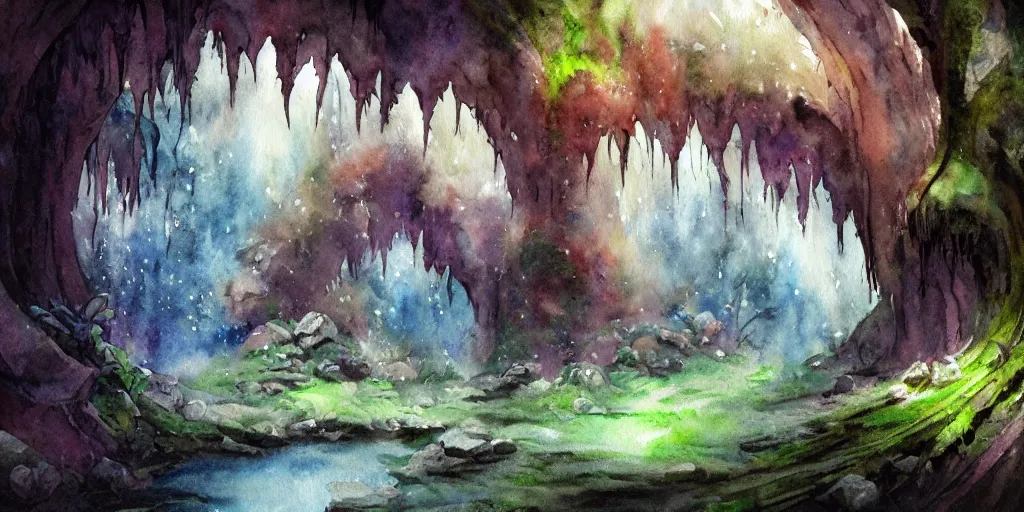 Prompt: cave entrance in the magical forest, exquisite masterpiece watercolor painting, trending on artstation