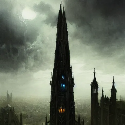 Image similar to an ultra detailed tarot card of a lonely and impossibly tall ominous gothic dark tower elevated high above the city, in a river elevated high above the city, fantasy capital city, ultrawide lense, aerial photography, scary thunderstorm, light fog, volumetric lighting, exquisite detail, 8 k, art by greg rutkowski and alphonse mucha