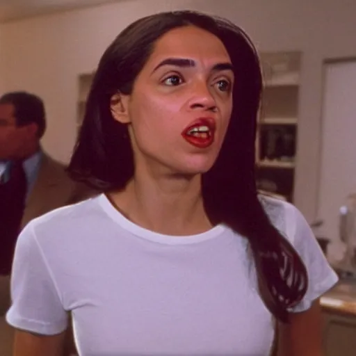 Prompt: Alexandria Ocasio Cortez wearing Tax the Rich tee shirt in American Psycho (1999)