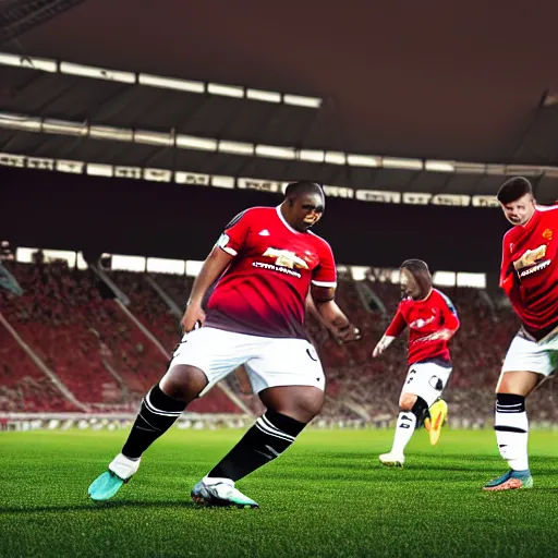 Image similar to morbidly obese men playing for man united, photorealistic, 4 k, dramatic, sharp focus