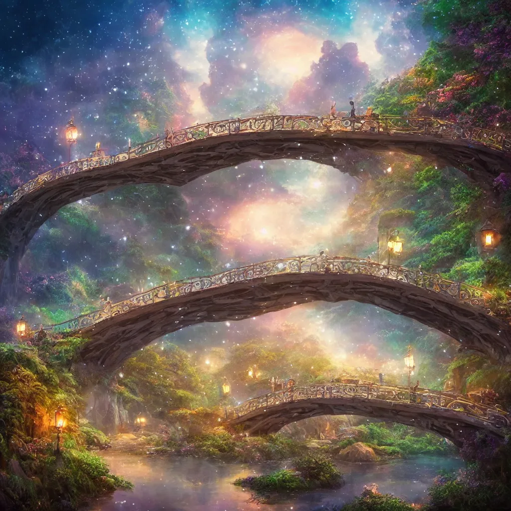 Image similar to fairyland bridge, outside of time and space, dreamy, romantic, night lighting, gorgeous lighting, dramatic cinematic lighting, intricate, highly detailed, in the style of studio ghibli, 8 k