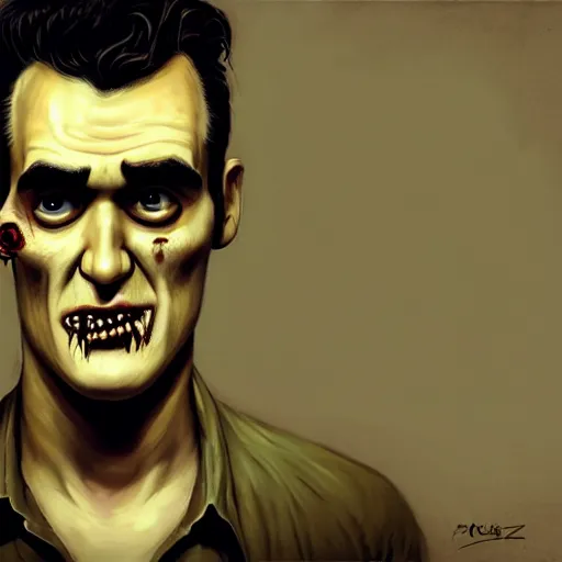 Image similar to portrait of a young and handsome zombie morrissey as a zombie with cuts and with a large quiff and thick eyebrows, 7 days to die zombie, fine art, award winning, intricate, elegant, sharp focus, cinematic lighting, digital painting, 8 k concept art, art by z. w. gu, art by brom, art by michael hussar, 8 k