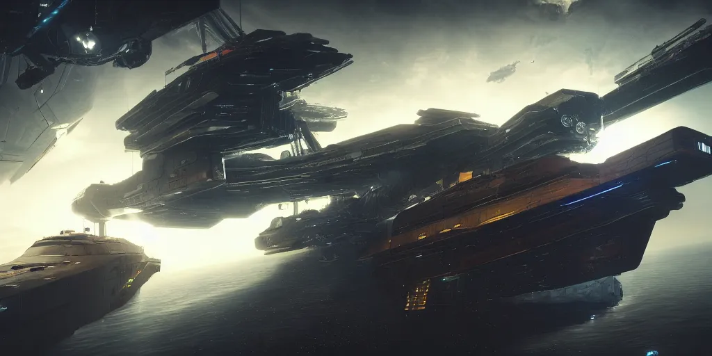 Image similar to cyberpunk cargo ship strongly resembling industrial spaceship design concept art in space, by david levy, eve online, elite dangerous, artstation, concept art, highly detailed, rule of thirds, dynamic lighting, cinematic, detailed, magnificiant landscape, denoised, octane render, 3 d, cinema 4 d