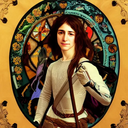 Image similar to portrait of charlotte gainsbourg as joan of arc, hyperreal digital painting, iconography influenced by alphonse mucha and eugene delacroix, arstation and deviantart trends, high resolution 8 k