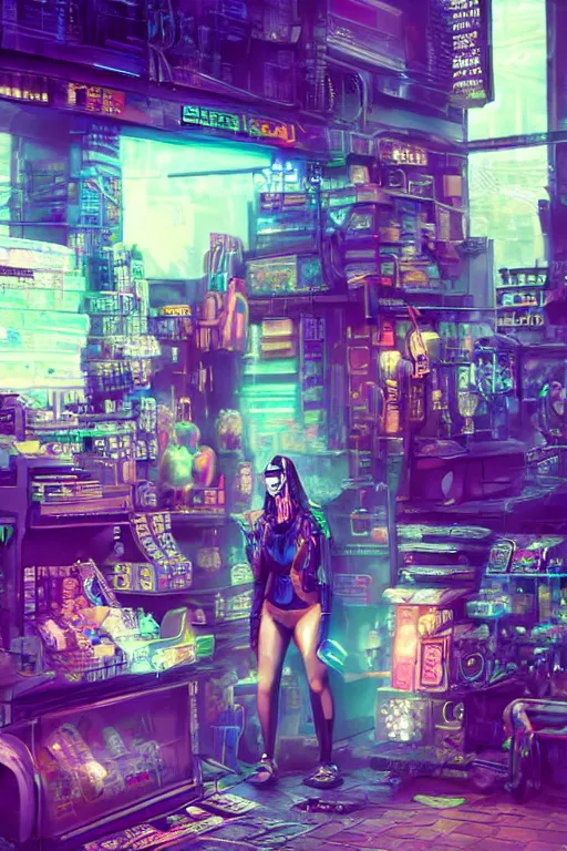 Image similar to cyberpunk shopkeeper, glow, sharp focus, beautiful, grunge, fantasy, cyber