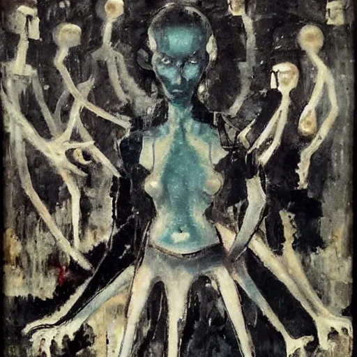 Image similar to by george luks, by vytautas kairiukstis formicapunk, myspace. a beautiful collage of a small figure standing in the center of a dark, foreboding landscape. the figure is surrounded by strange, monstrous creatures, & there is a feeling of unease & dread.