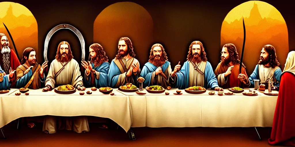 Image similar to lord of the rings last supper by wes anderson, digital painting, trending on artstation, sharp focus, 4 k