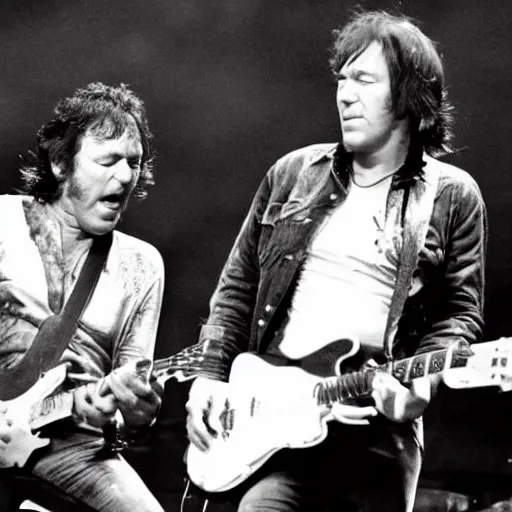 Image similar to Photo of Bruce Springsteen and Neil Young jamming on stage at a festival