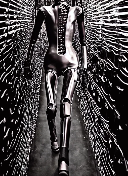 Image similar to walking down the catwalk, steven klein, ben watts, show, stage, vogue photo, podium, fashion show photo, iris van herpen, beautiful woman, perfect body, full body shot, helmet on face, masterpiece, guyver, jellyfish, biomechanical details, movie still, fauvism, cinestill, bokeh, gelios lens